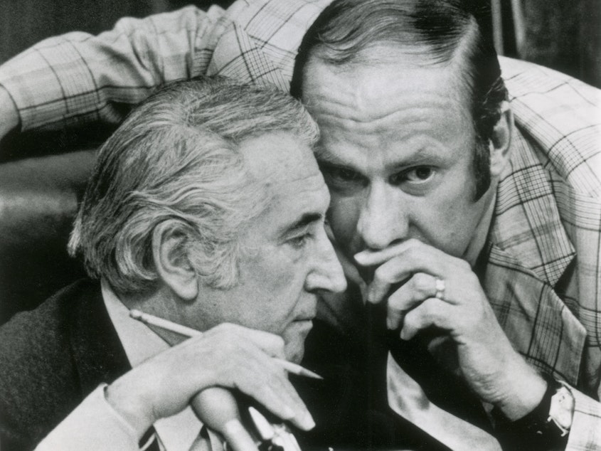 caption: In this July 27, 1974, file photo, Rep. Thomas Railsback, R-Ill., right, confers with chairman Peter Rodino, D-N.J., during the House Judiciary Committee's debate on impeachment articles drafted against President Richard Nixon.