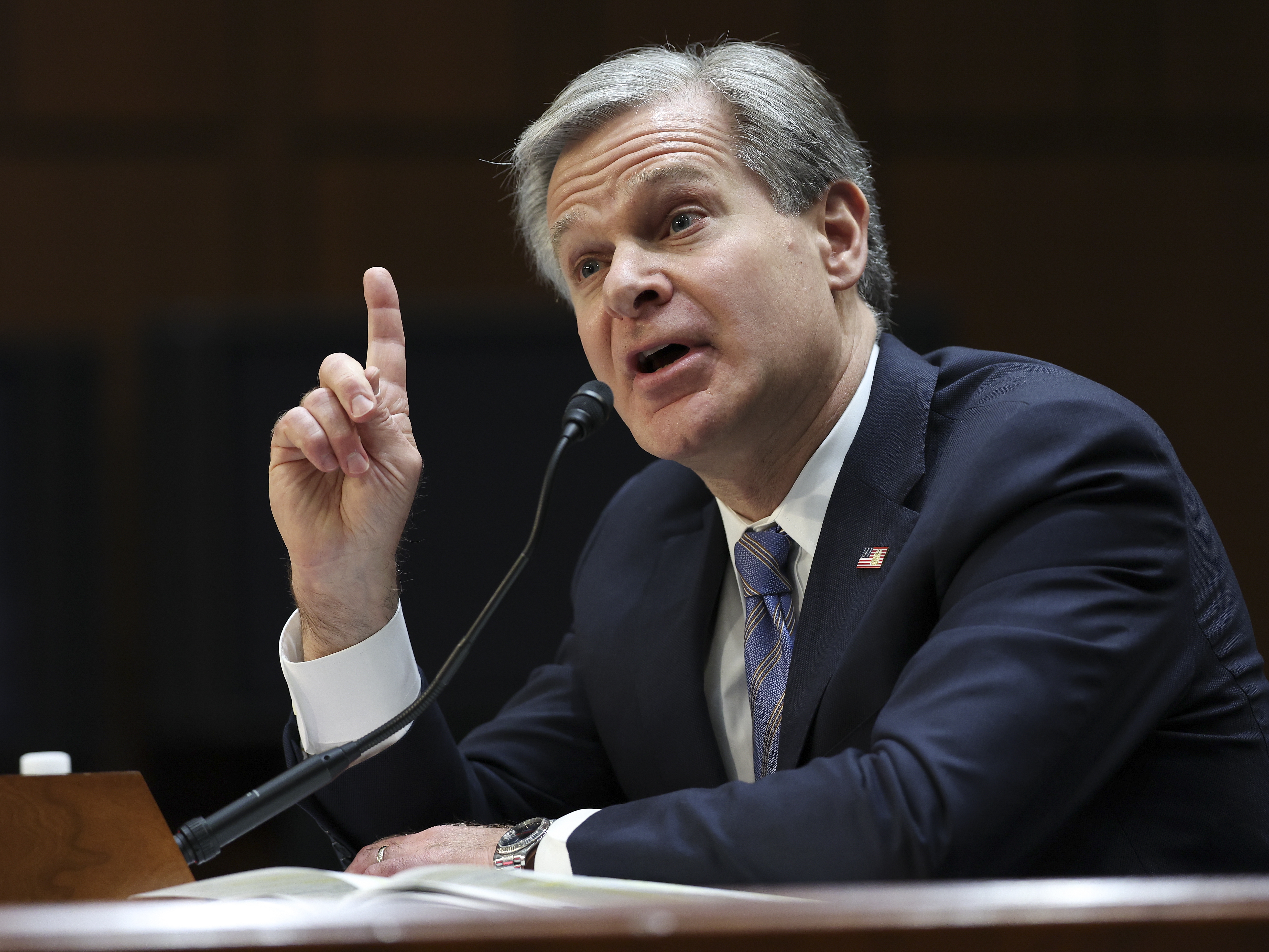 caption: Federal Bureau of Investigation Director Christopher Wray, seen here in December 2023, on Wednesday gave lawmakers an update on the investigation into the July 13 assassination attempt against former President Donald Trump.