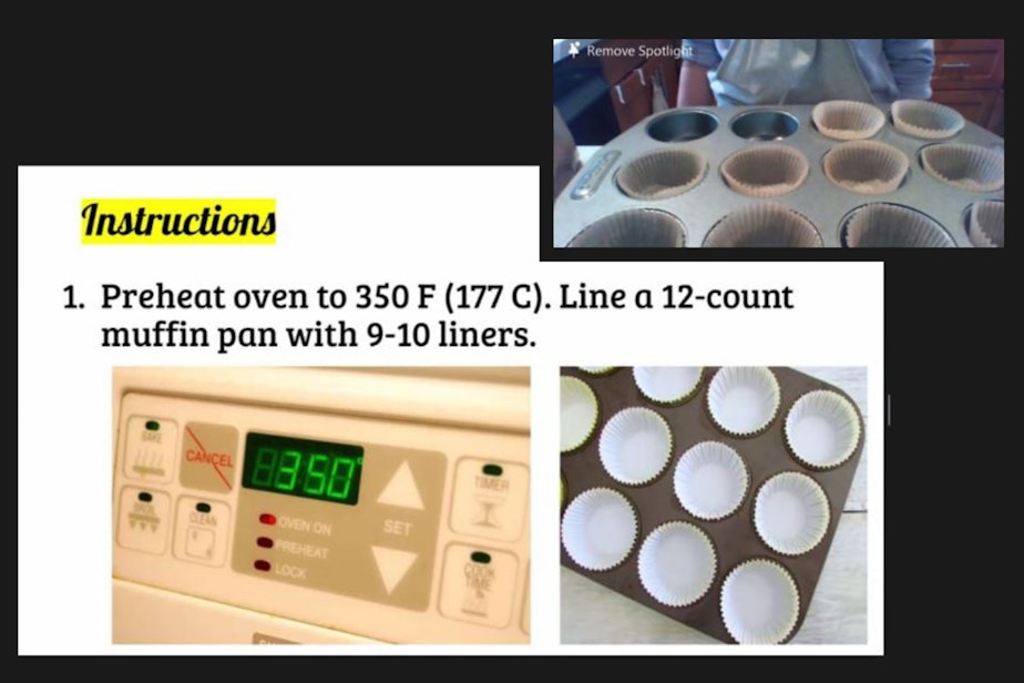 caption: In 2021, the King County Library System hosted online cooking events like this cheesecake muffin workshop, presented by teens, for teens. Here, a teen demonstrates first steps over Zoom.