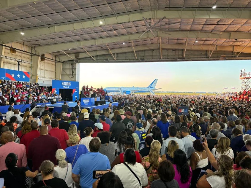 caption: The scene from a Kamala Harris and Tim Walz rally in Detroit on Aug. 7. Former President Donald Trump falsely claimed that another picture of the rally showing a large crowd was generated by artificial intelligence.