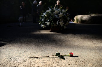 caption: A flower lays on the engraved names of AIDS victims at the National AIDS Memorial Grove on December 1, 2015 in San Francisco, Calif.
