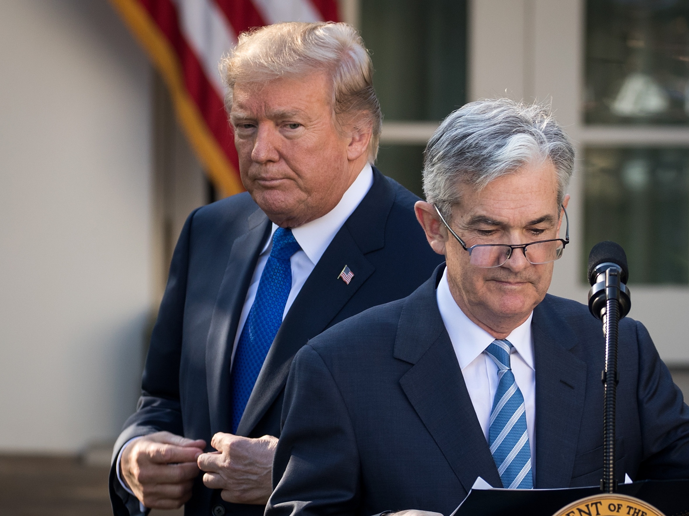 caption: President Trump with Jerome Powell after nominating him as chair in 2017.