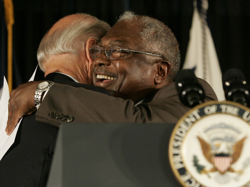 caption: In this 2010 file photo, Vice President Joe Biden gets a hug from U.S. Rep. Jim Clyburn, D-S.C.