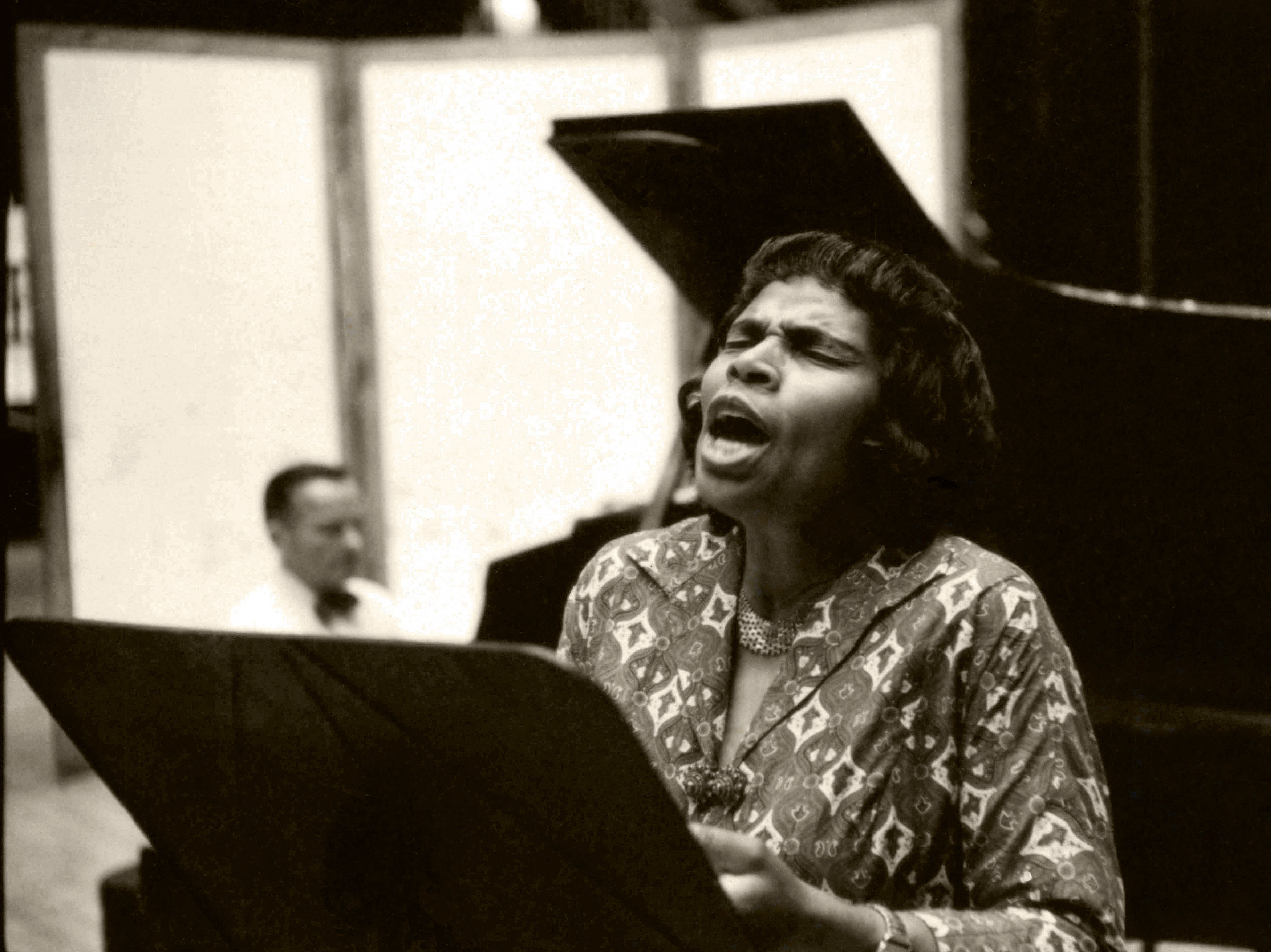 caption: Marian Anderson recording at Webster Hall with her accompanist Franz Rupp in August 1961.