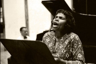 caption: Marian Anderson recording at Webster Hall with her accompanist Franz Rupp in August 1961.