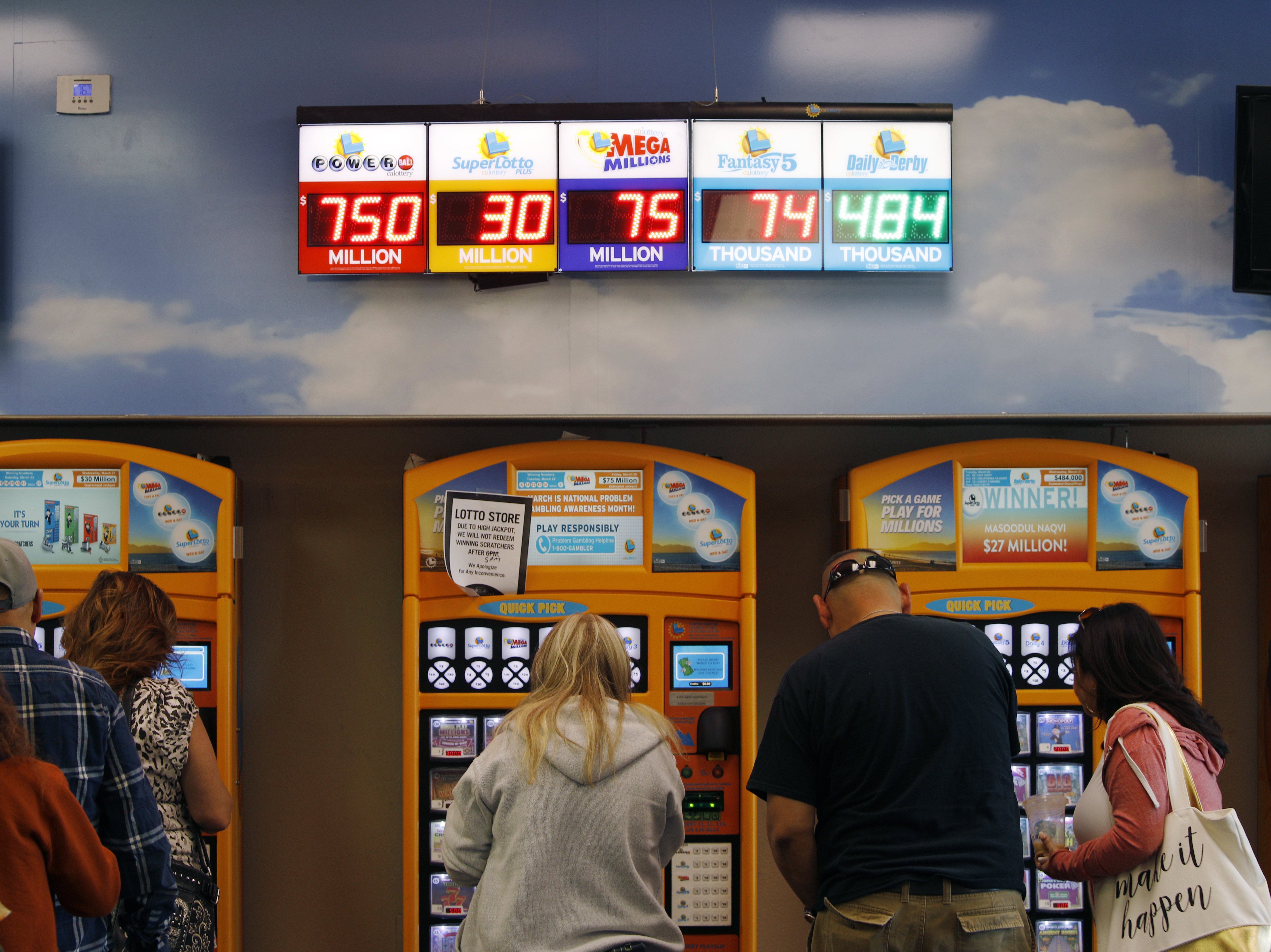 caption: Jackpots, including the Powerball jackpot, are on display in California.