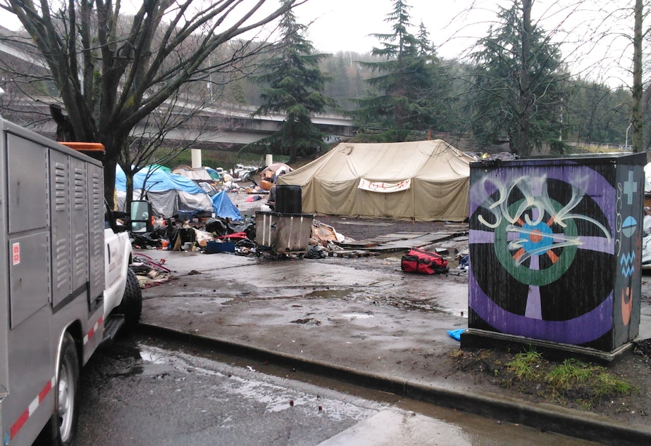 caption: The City of Seattle says this homeless camp is a public health and safety hazard.