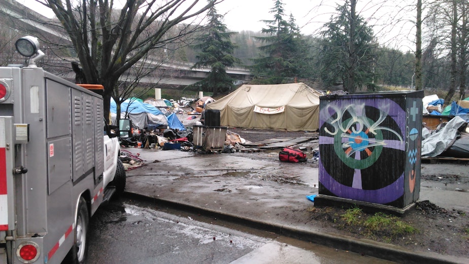 caption: The City of Seattle says this homeless camp is a public health and safety hazard. 