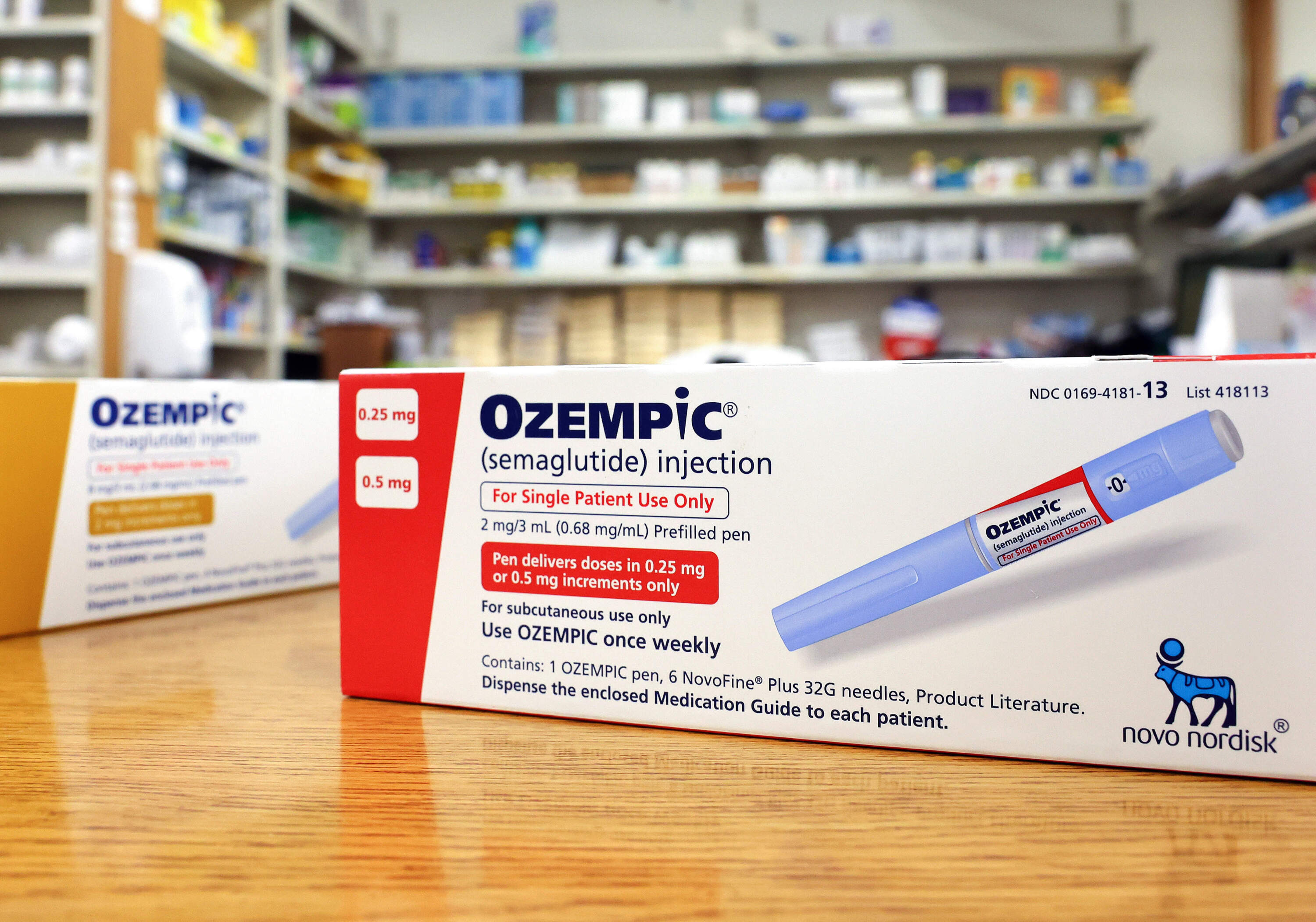 caption: Boxes of the diabetes drug Ozempic rest on a pharmacy counter. Ozempic was originally approved by the FDA to treat people with Type 2 diabetes — who risk serious health consequences without medication. In recent months, there has been a spike in demand for Ozempic, or semaglutide, due to its weight loss benefits, which has led to shortages. (Mario Tama/Getty Images)