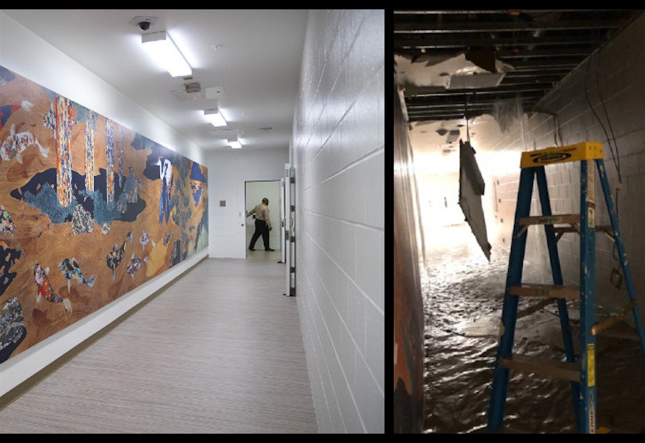caption: The photo left shows a mural by Haruka Ostley called 'Journey to Peace' on February 5, 2020, during a media tour of the new Clark Children and Family Justice Center on Alder Street in Seattle. The photo on the right is the same hallway on April 24, 2020, after a connection on a six-inch pipe came apart and it flooded the first floor.  