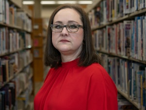 caption: School librarian Amanda Jones endured harassment and threats after speaking out in defense of a diverse selection of books in the public libraries of Livingston Parish, La.
