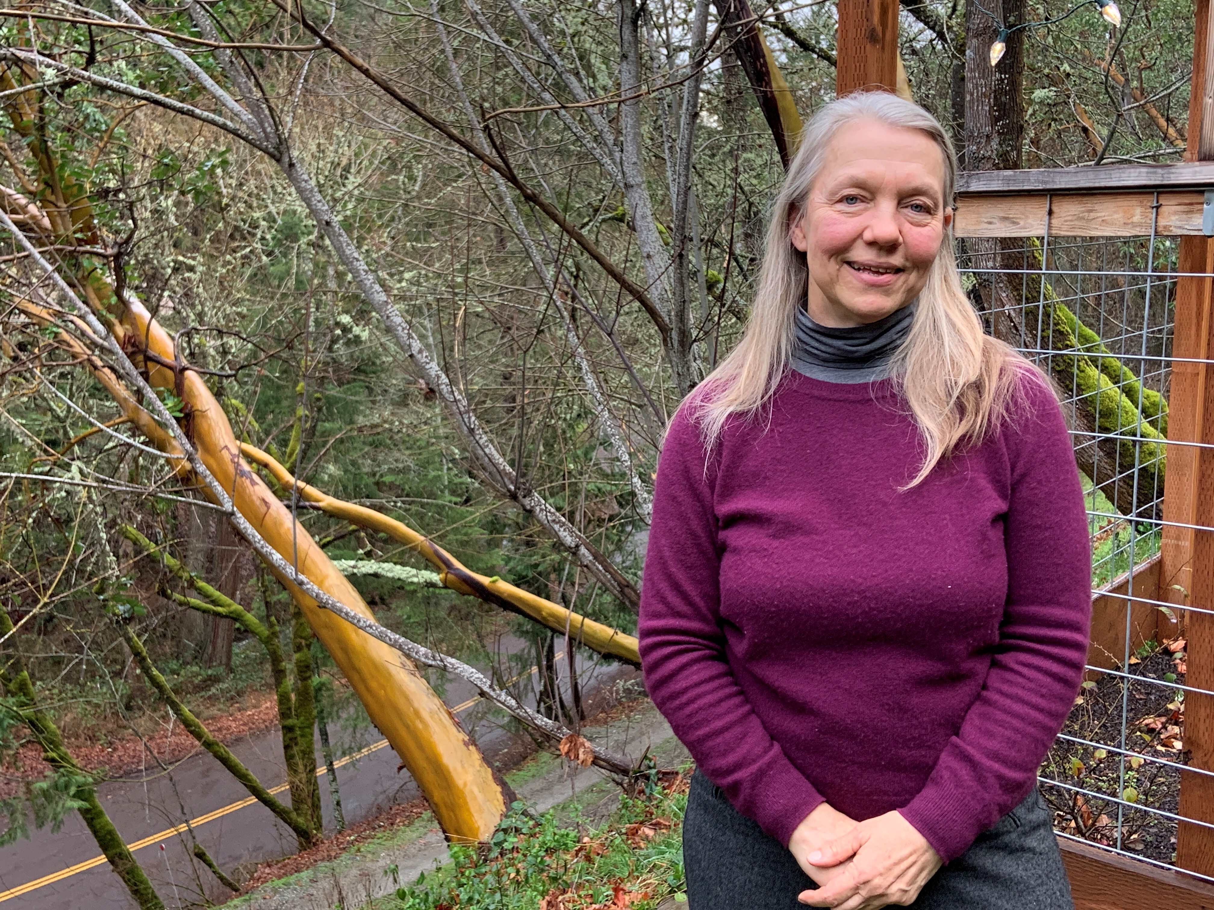 caption: The Rev. Liz Olson is a hospital chaplain who leads a meeting for people suffering from anxiety over climate change. 