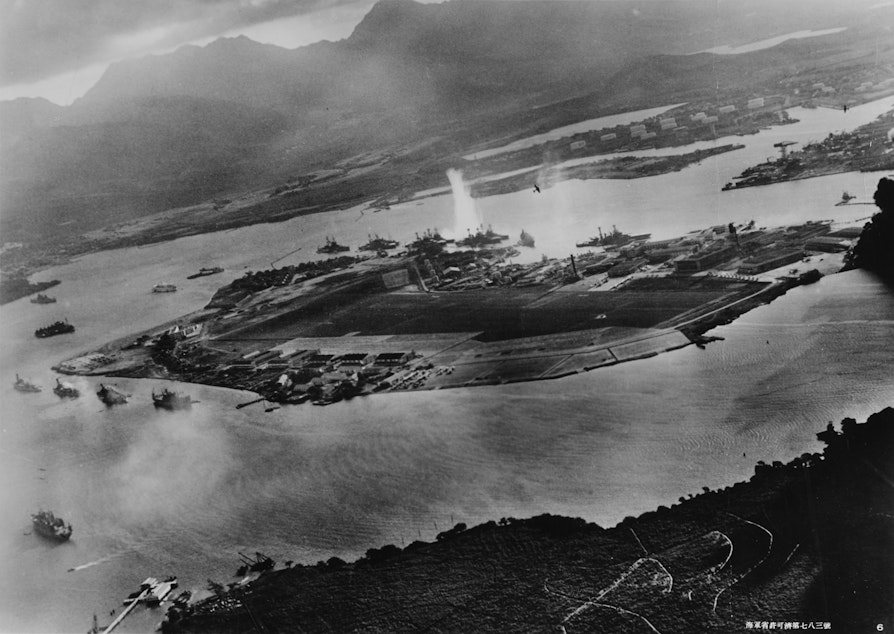 caption: Photo taken from a Japanese plane during the Pearl Harbor attack