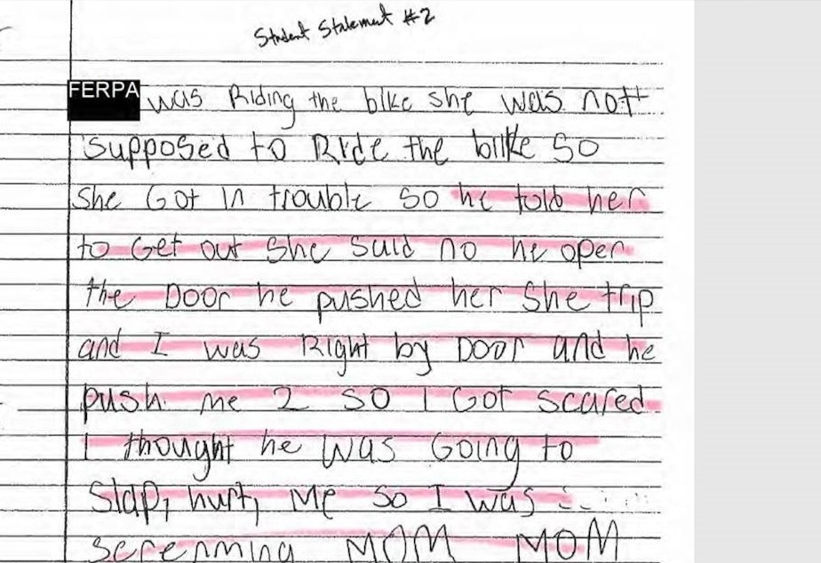 caption: A statement from a fifth-grade girl Kevin Schmidt reportedly yelled at and pushed in his class on February 6, 2018.