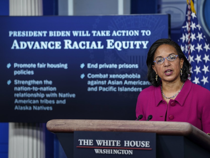 caption: Susan Rice, President Biden's domestic policy adviser, discusses his racial equity agenda Tuesday at the White House.
