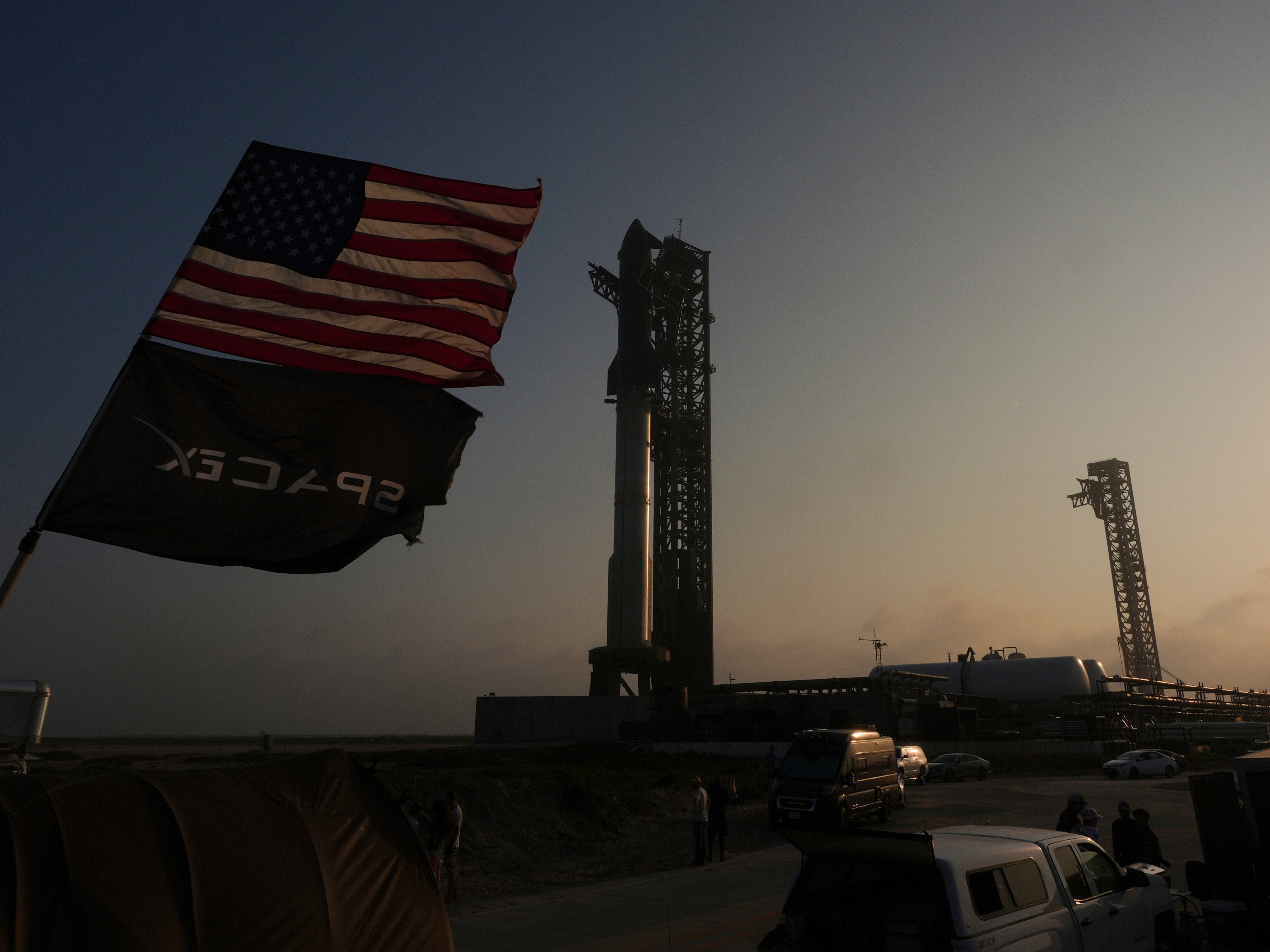 caption: SpaceX's mega rocket Starship is prepared for a test flight from Starbase, Texas, on Monday, May 26, 2025.