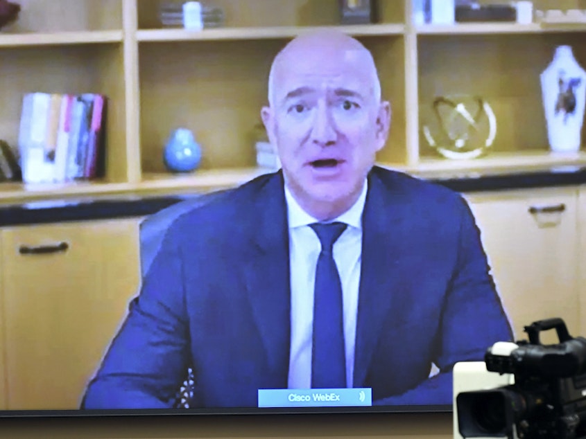 caption: Amazon CEO Jeff Bezos testifies remotely during a House Judiciary subcommittee on antitrust on Capitol Hill on Wednesday.