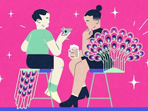 Illustration of two people sitting at a bar with their bodies postured toward one another. They each hold a drink and are sitting in bar stools resembling peacocks and surrounded by little stars against a pink backdrop.