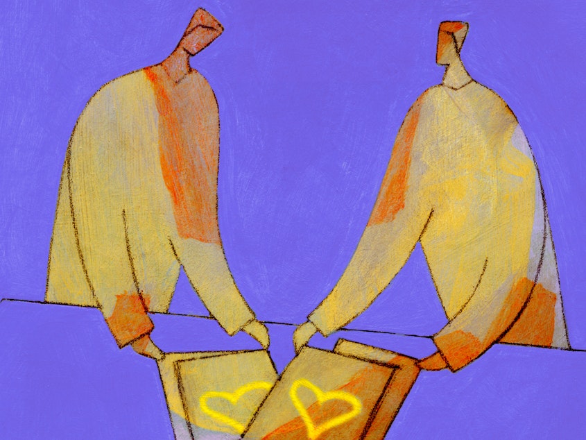 Illustration in a painterly style shows two figures standing at a table, looking down at a contract. The contract has two hearts drawn on it, representing a prenuptial agreement, signed before the couple is married.