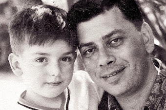 caption: A 5-year-old Jeffrey Sherman is pictured with his father, songwriter Robert Sherman, in the early 1960s.
