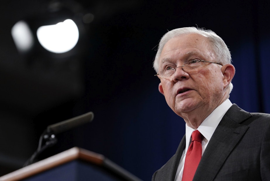 caption: Attorney General Jeff Sessions speaks during a news conference to announce a criminal law enforcement action involving China, at the Department of Justice in Washington, Thursday, Nov. 1, 2018. Justice Department and FBI leaders announced criminal charges and an operation to thwart Chinese economic espionage. (AP Photo/Pablo Martinez Monsivais)