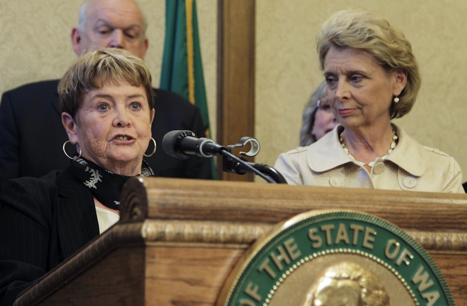 caption: Sharon Foster, with Gov. Gregoire, announcing the ban on alcoholic energy drinks in Washington in 2010.