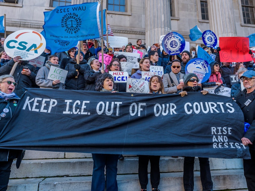caption: The Association of Legal Aid Attorneys along with dozens of unions, immigrant rights organizations, and community groups held a rally on December 7, 2017 at Brooklyn Borough Hall to call on the Office of Court Administration and Chief Judge Janet DiFiore to prohibit Immigration & Customs Enforcement agents from entering state courthouses, and to end coordination with ICE.CREDIT: Pacific Press/LightRocket via Getty Images