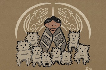 caption: Siem Slhelhni' 'i' tu Sqwiqwmi's (High Ranking Young Woman and Her Wool Dogs), 2020

Art by Eliot White-Hill, Kwulasultun.
