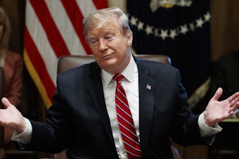 caption: President Trump said he was not "happy" with a compromise budget deal being negotiated on Capitol Hill, but he said he didn't think there would be another shutdown.