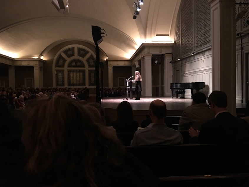 caption: Writer Kristen Millares Young on stage at Town Hall Seattle