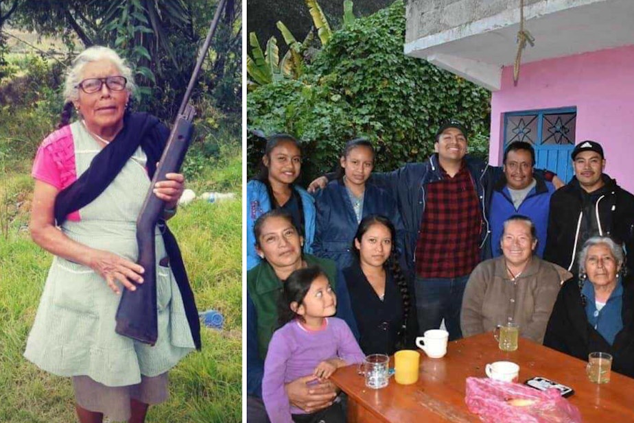 caption: Left: Serapia Hernández Vargas poses wearing an apron and holding a gun. Right: Luis Hernandez Vargas (center) smiles with his great-grandma, Serapia Hernández Vargas (bottom right), and eight other members of their family in Mexico.