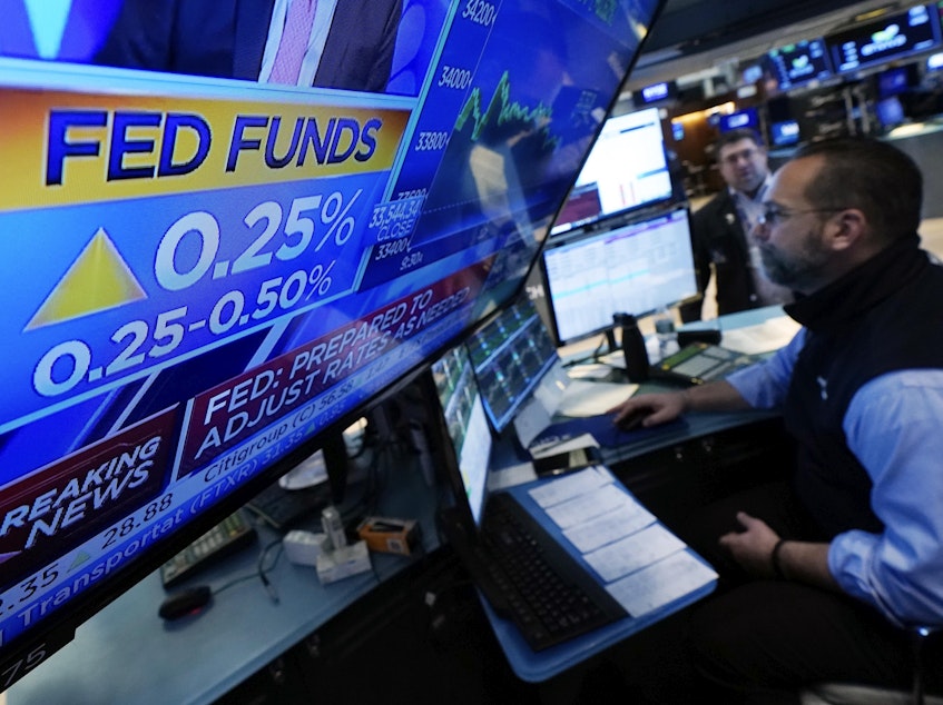 caption: The floor of the New York Stock Exchange this week, after the Federal Reserve announced a quarter-point hike in its key interest rate. The fed is raising rates to curb inflation, but that will hit some Americans in their wallet.