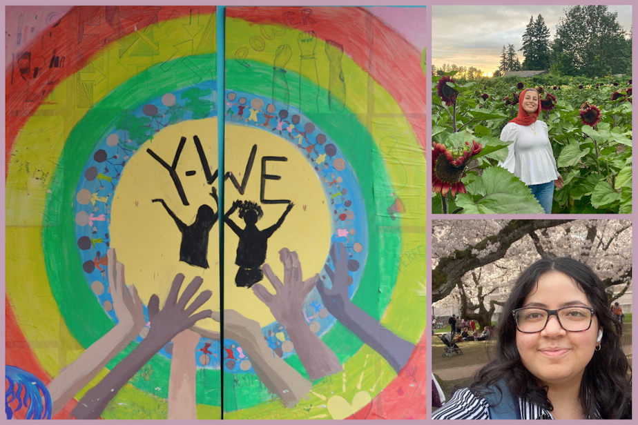 caption: A photo collage containing a mural painted by Y-WE participants in the summer of 2020 (left), a portrait of Aya Zouhri smiling among sunflowers in Auburn, Washington on August 12, 2022 (top right), and a portrait of Fatema Metawally in the Quad at the University of Washington in April 2023. 
