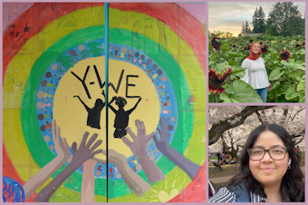 caption: A photo collage containing a mural painted by Y-WE participants in the summer of 2020 (left), a portrait of Aya Zouhri smiling among sunflowers in Auburn, Washington on August 12, 2022 (top right), and a portrait of Fatema Metawally in the Quad at the University of Washington in April 2023. 
