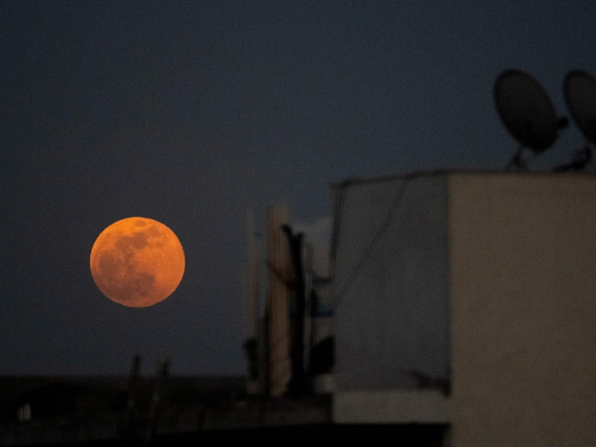 caption: The Super Blood Moon rises over a residential area in New Delhi during a total lunar eclipse on May 26, 2021.