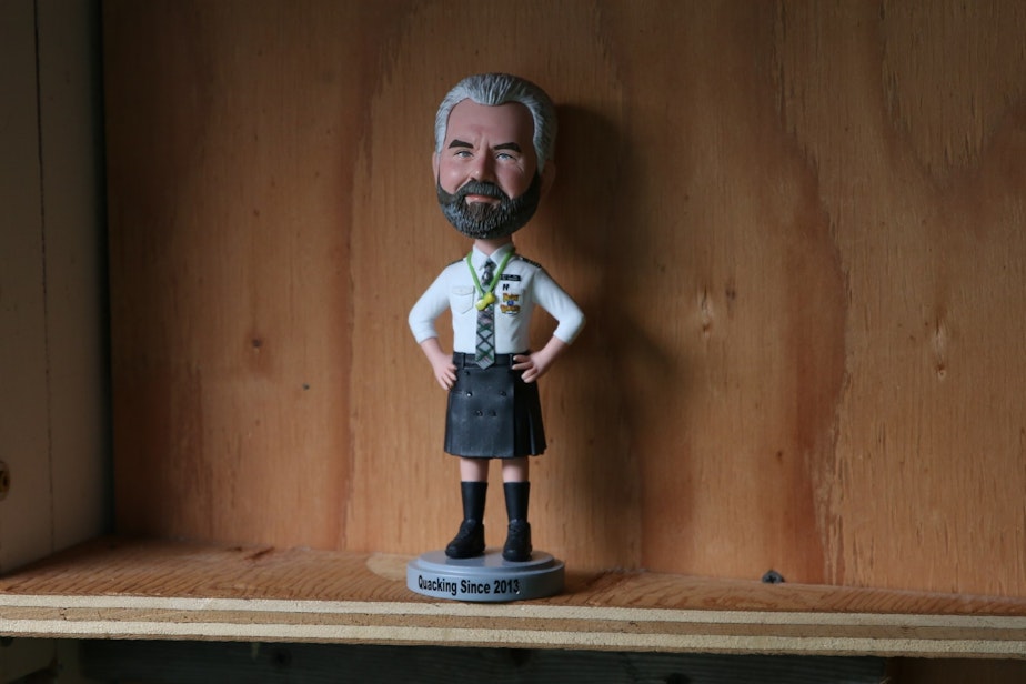 caption: Jay Craig earned a bobblehead in his likeness after 5 years of working for Ride the Ducks in Seattle. He was laid off in March, 2020.