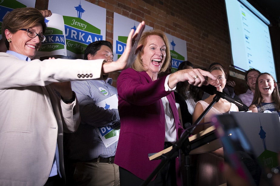 caption: Jenny Durkan celebrated her lead in the first ballot count: "I feel great about where we are."