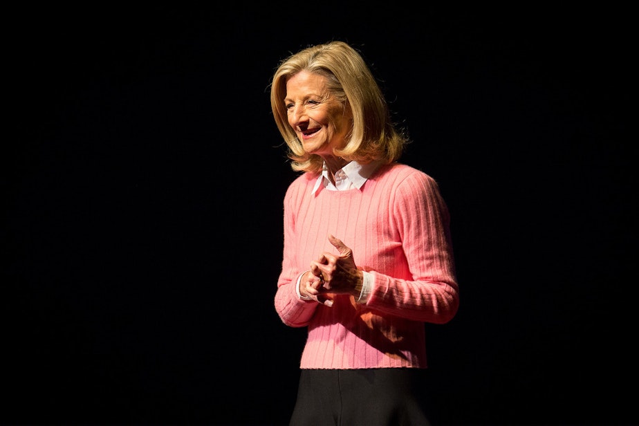 caption: Jean Enersen at TEDx Kirkland 2015.