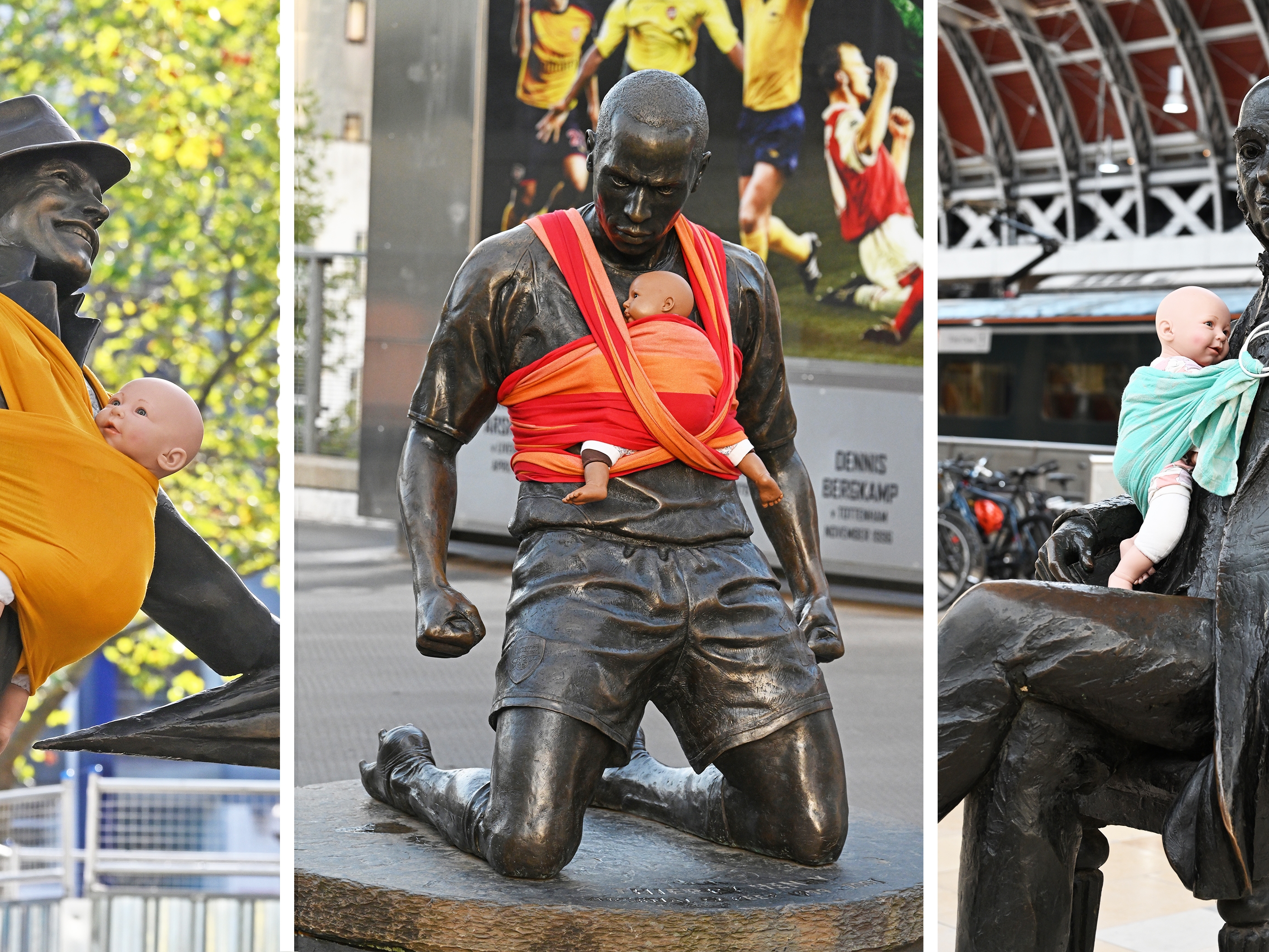 caption: A collage of photos taken this past week of statues of actor Gene Kelly (from left), former Arsenal player Thierry Henry, and British civil engineer Isambard Kingdom Brunel.