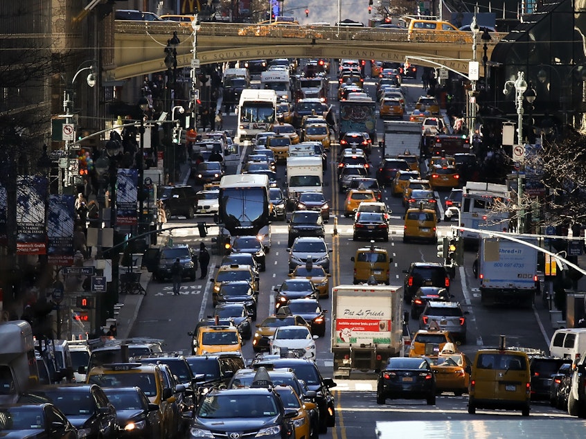 caption: After gaining approval by state lawmakers, New York will become the first city in the U.S. to levy fees on motorists to drive on some of its most congested streets. Here, traffic along 42nd Street in Midtown Manhattan in January 2018.