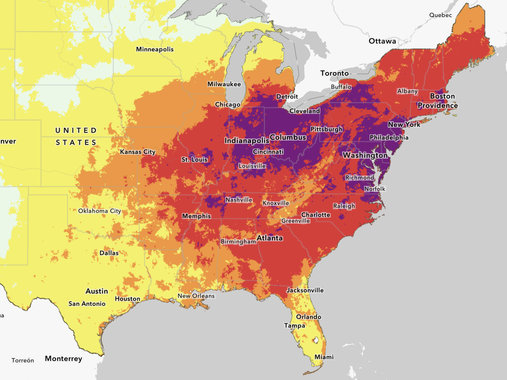 caption: A seven-day "HeatRisk" map from the National Integrated Heat Health Information System shows much of the eastern U.S. in the grip of a heat dome causing extreme high temperatures to linger.