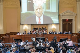 caption: A video of former President Donald Trump from his Jan. 6 Rose Garden statement is played as Cassidy Hutchinson, former aide to Trump White House chief of staff Mark Meadows, testifies. 