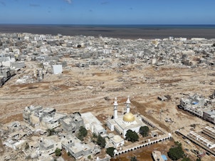 caption: The city of Derna, Libya on Wednesday, Sept. 13, 2023. Floods from extreme rain killed thousands of people and washed entire neighborhoods into the sea.