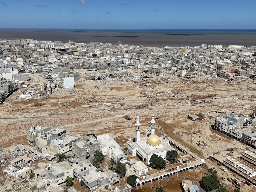 caption: The city of Derna, Libya on Wednesday, Sept. 13, 2023. Floods from extreme rain killed thousands of people and washed entire neighborhoods into the sea.