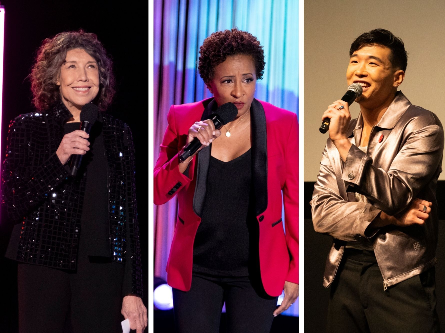 caption: <em>Outstanding: A Comedy Revolution</em> explores the history and current state of LGBTQ comedy — the pioneers, the breakthroughs and the setbacks. Above, Lily Tomlin, left, Wanda Sykes, Joel Kim Booster and Trixie Mattel.