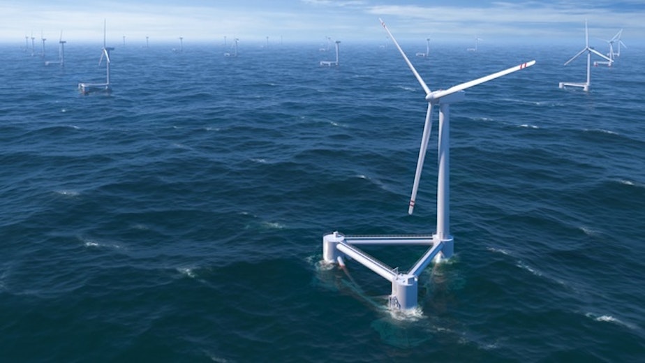 caption: An illustration of floating offshore wind turbines.