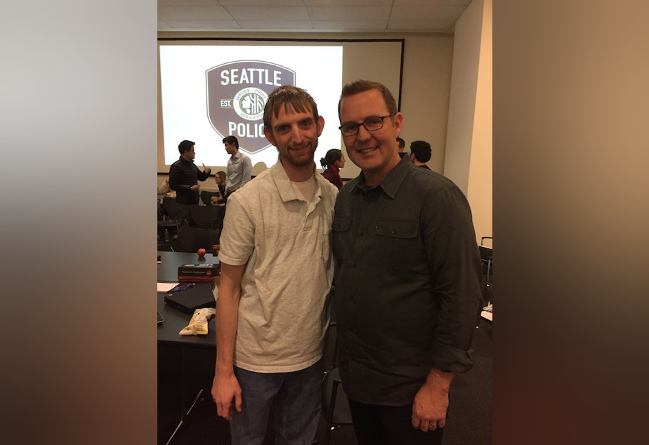 Timothy Clemans (left) and Seattle Police COO Mike Wagers at the hackathon, Friday, December 19, 2014.