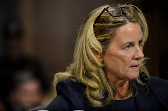 caption: Christine Blasey Ford testifies before the U.S. Senate Judiciary Committee on Sept. 27. Ford's lawyers say she was not interviewed by the FBI for its supplemental investigation into allegations of sexual misconduct against Judge Brett Kavanaugh.