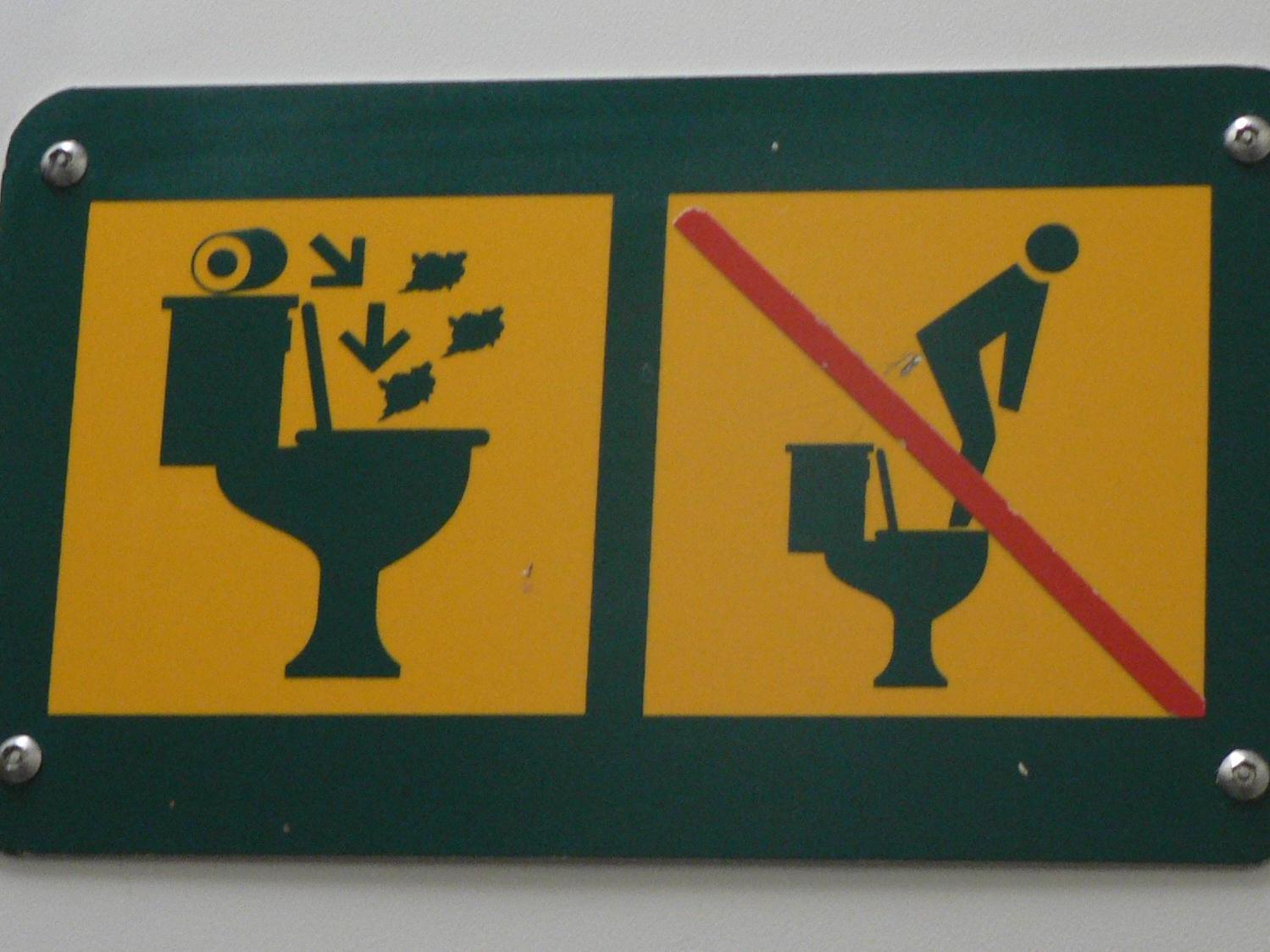 caption: Experts agree that the image on the left urges toilet users to flush toilet paper in the bowl rather than toss it in a trash can. As for the image on the right, it appears to offer a double warning: Don't stand on the seat, don't relieve yourself in the upper tank.
