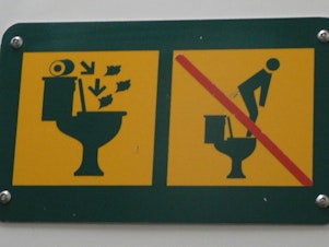 caption: Experts agree that the image on the left urges toilet users to flush toilet paper in the bowl rather than toss it in a trash can. As for the image on the right, it appears to offer a double warning: Don't stand on the seat, don't relieve yourself in the upper tank.